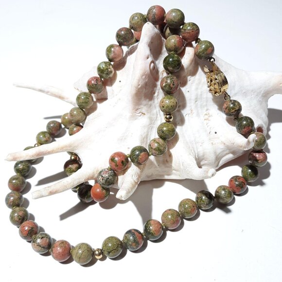 Unakite Bead Necklace 22" Knotted Single Strand Gold-tone Ornate Box Clasp - Picture 1 of 5